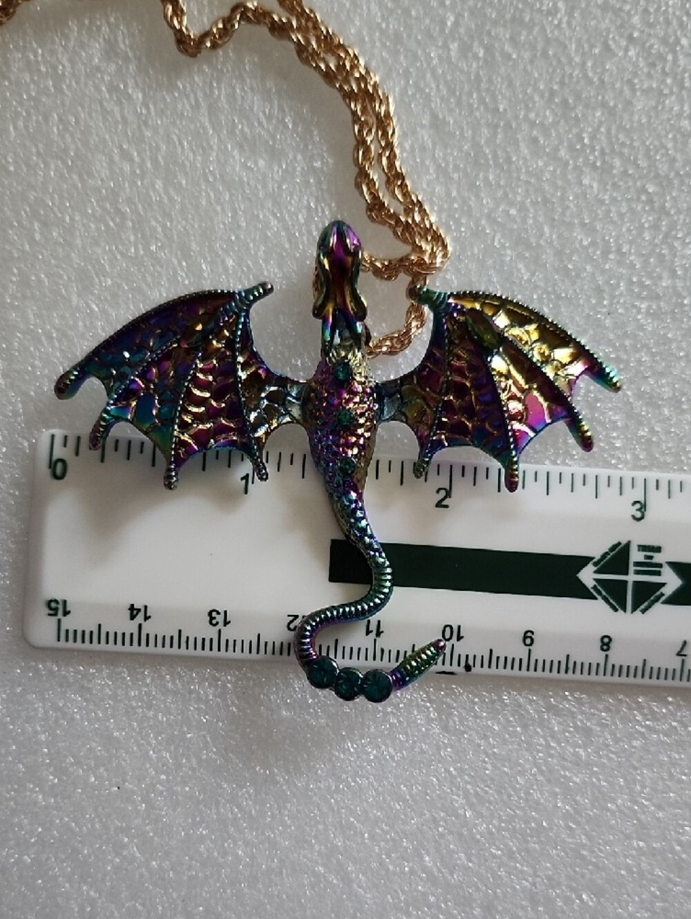 Hand Crafted Iridescent Dragon Pendant Necklace - Gold Chain - Picture 9 of 11